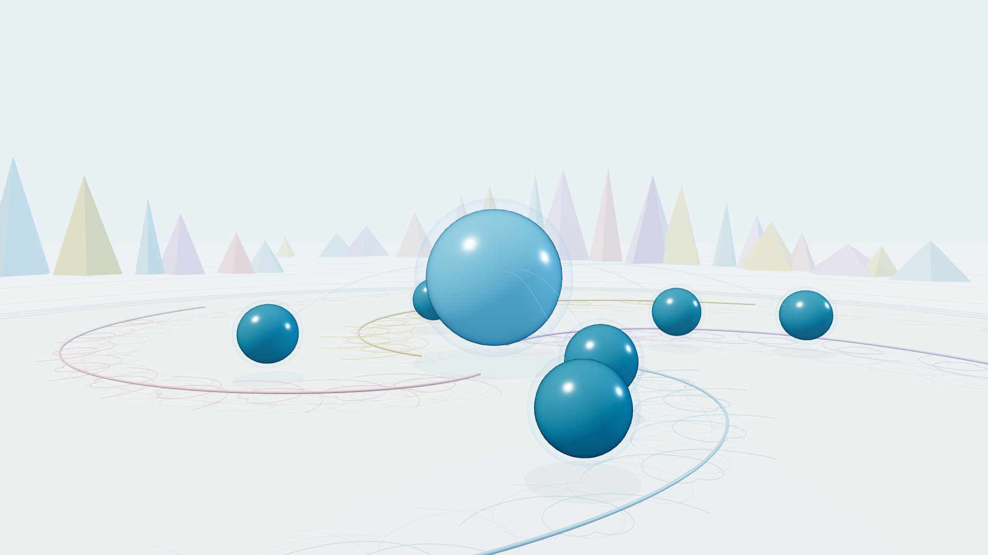 A blue orb floats above a pale landscape with distant pastel triangles.